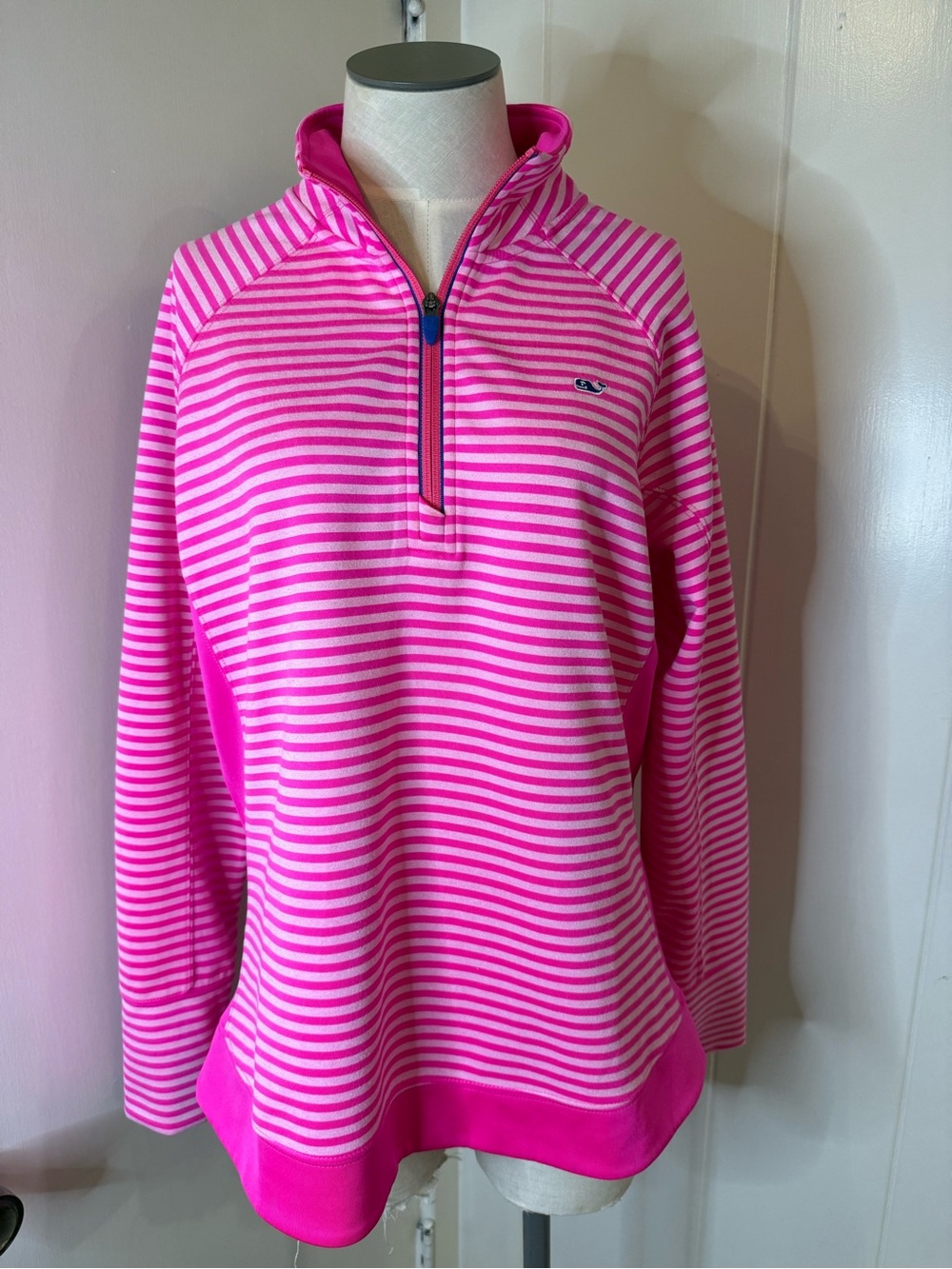 Vineyard Vines Pink and White Striped Half-Zip Pullover Sz L